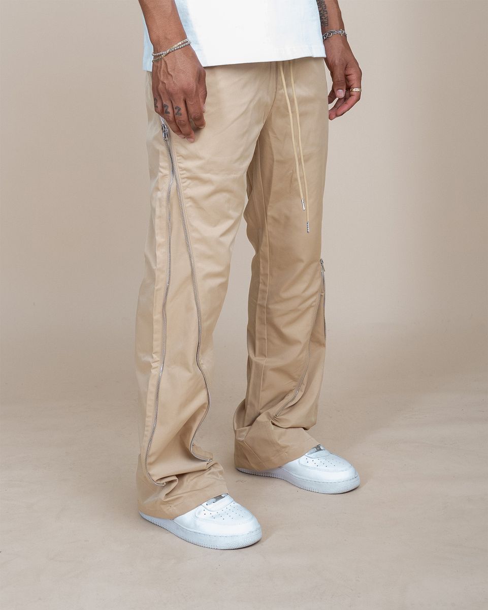 NYLON ZIP FLARED PANTS Tan