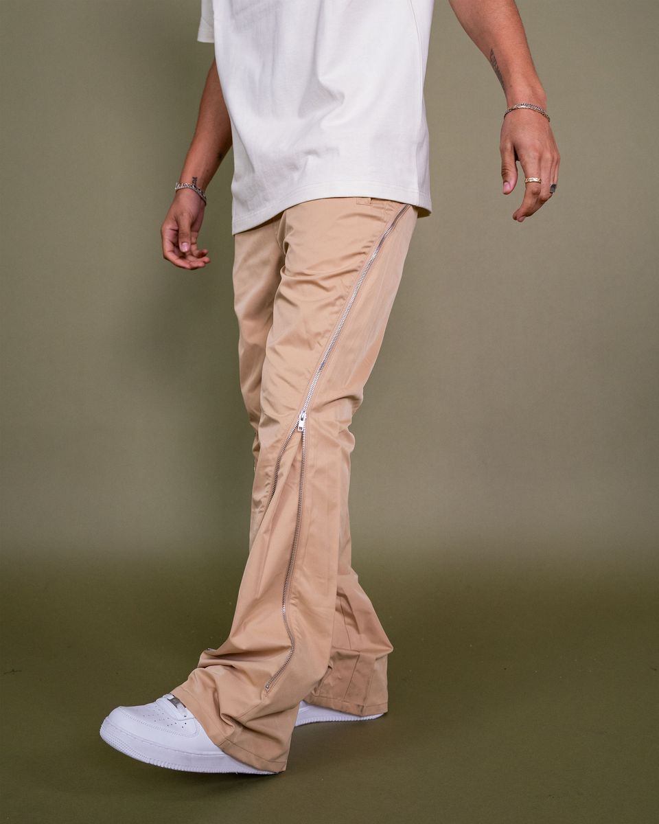 NYLON ZIP FLARED PANTS Tan