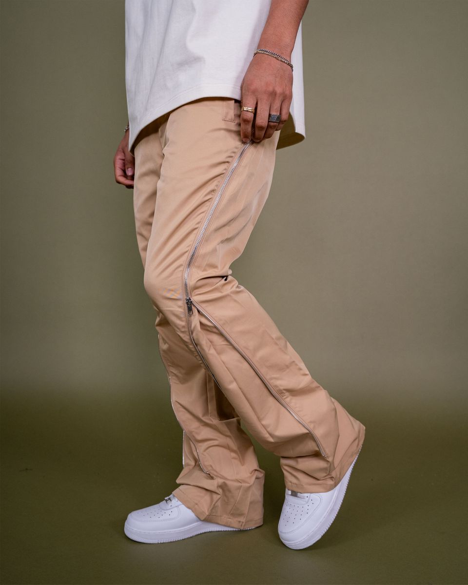 NYLON ZIP FLARED PANTS Tan
