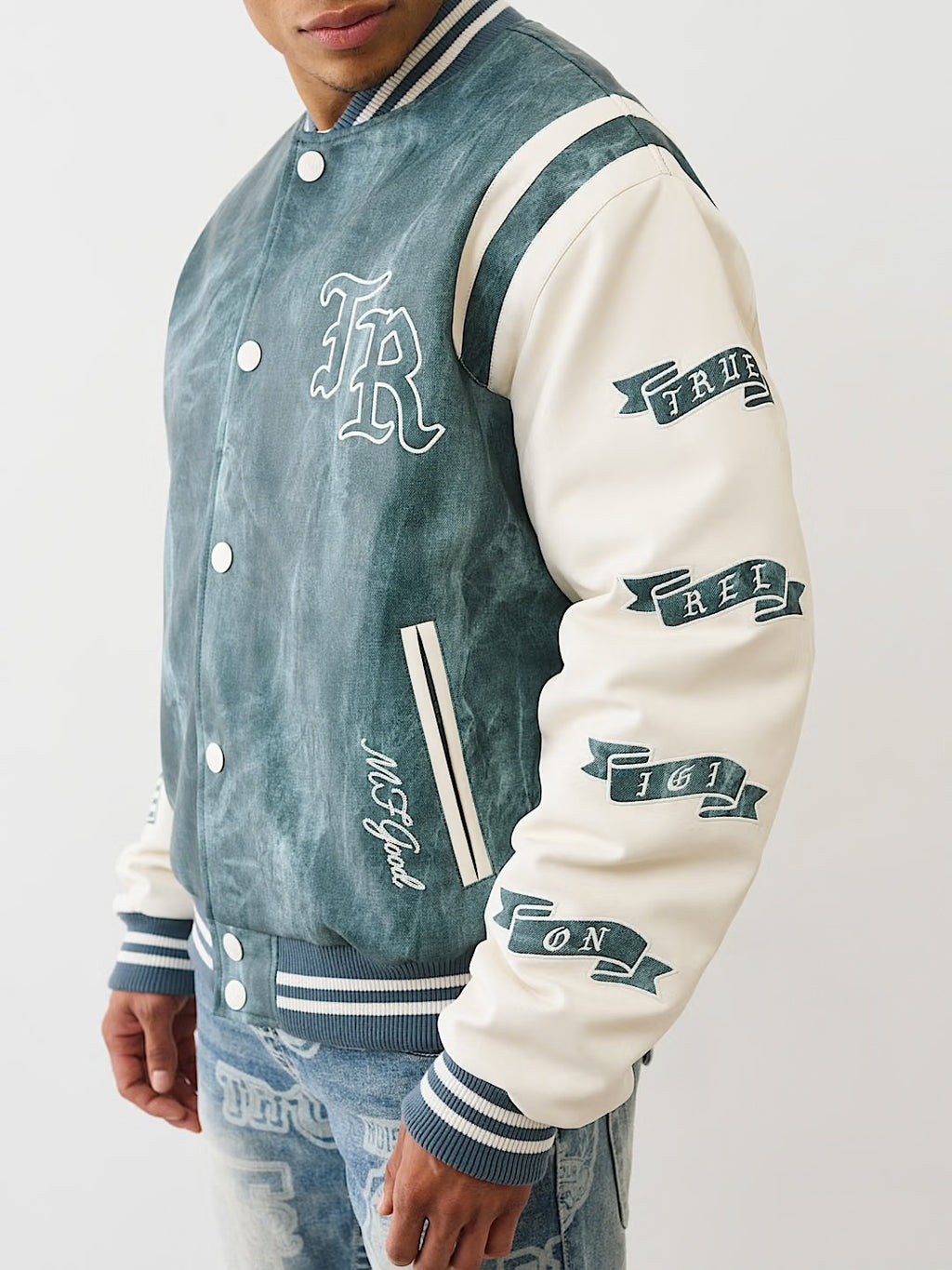 DENIM PRINT RETRO VARSITY JACKET