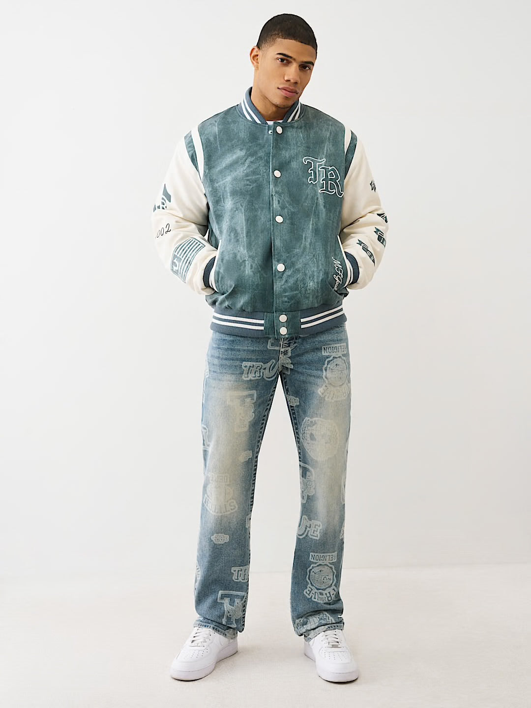 DENIM PRINT RETRO VARSITY JACKET