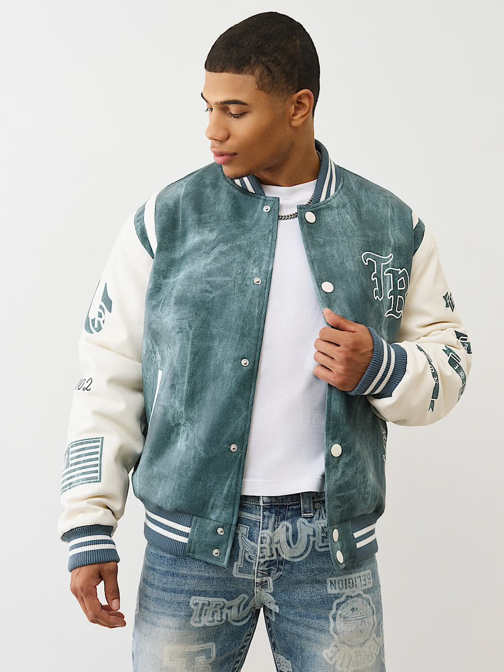 DENIM PRINT RETRO VARSITY JACKET