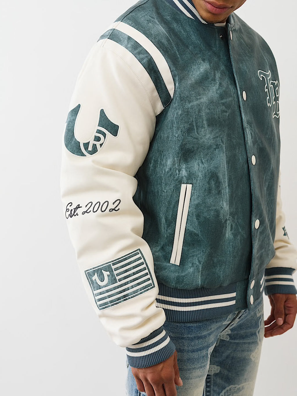 DENIM PRINT RETRO VARSITY JACKET