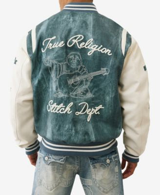 DENIM PRINT RETRO VARSITY JACKET