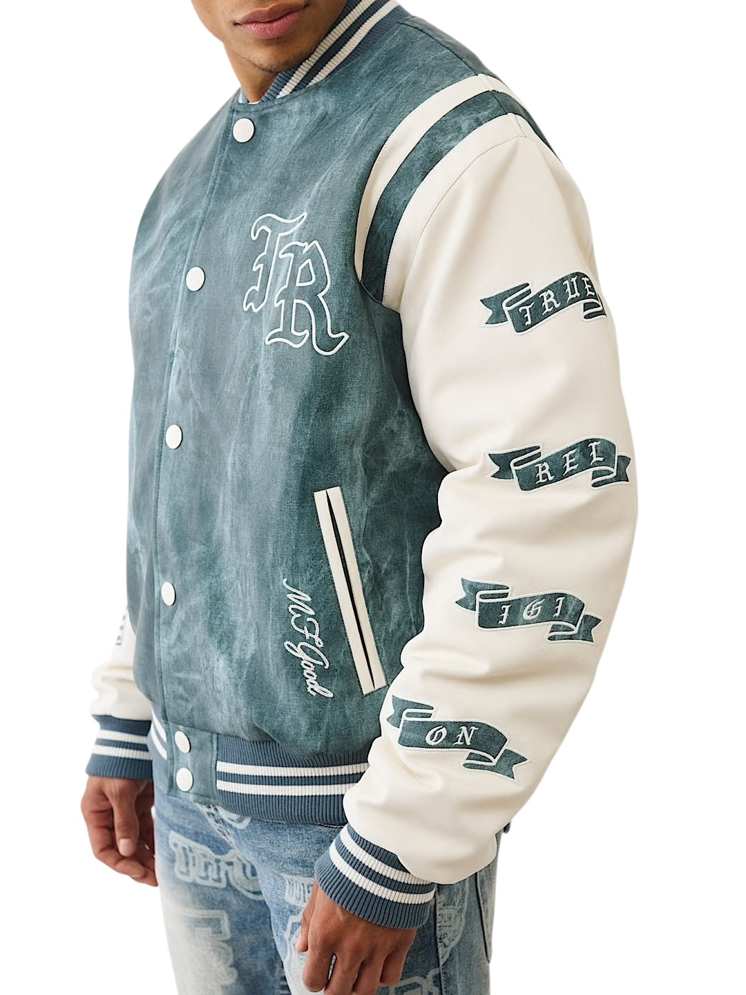 DENIM PRINT RETRO VARSITY JACKET