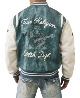 DENIM PRINT RETRO VARSITY JACKET