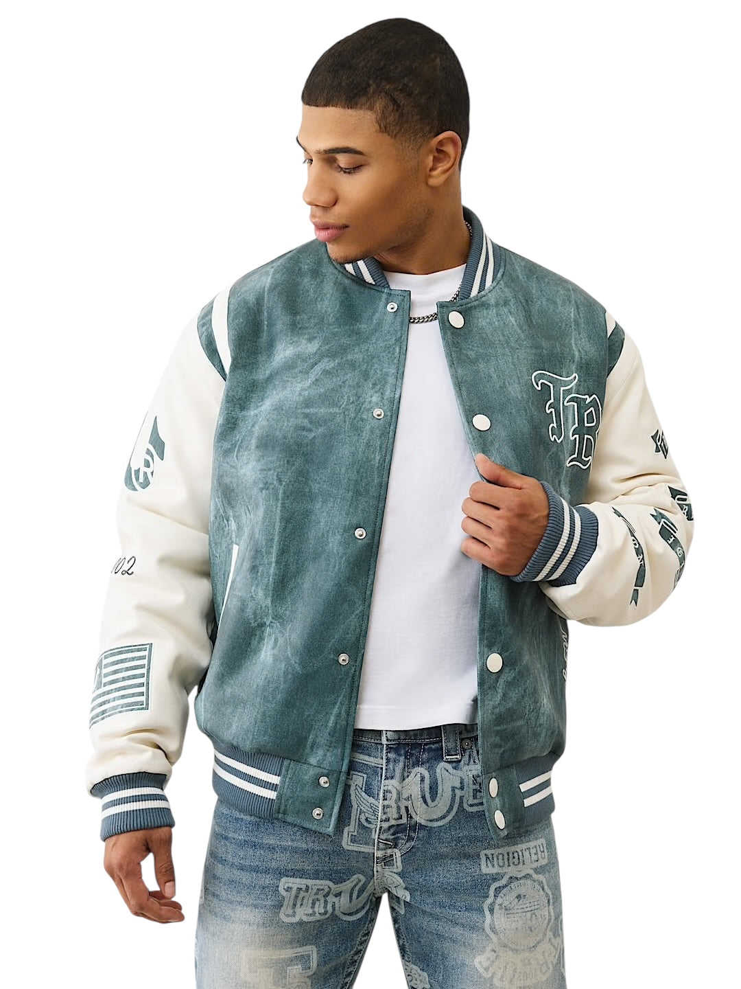 DENIM PRINT RETRO VARSITY JACKET